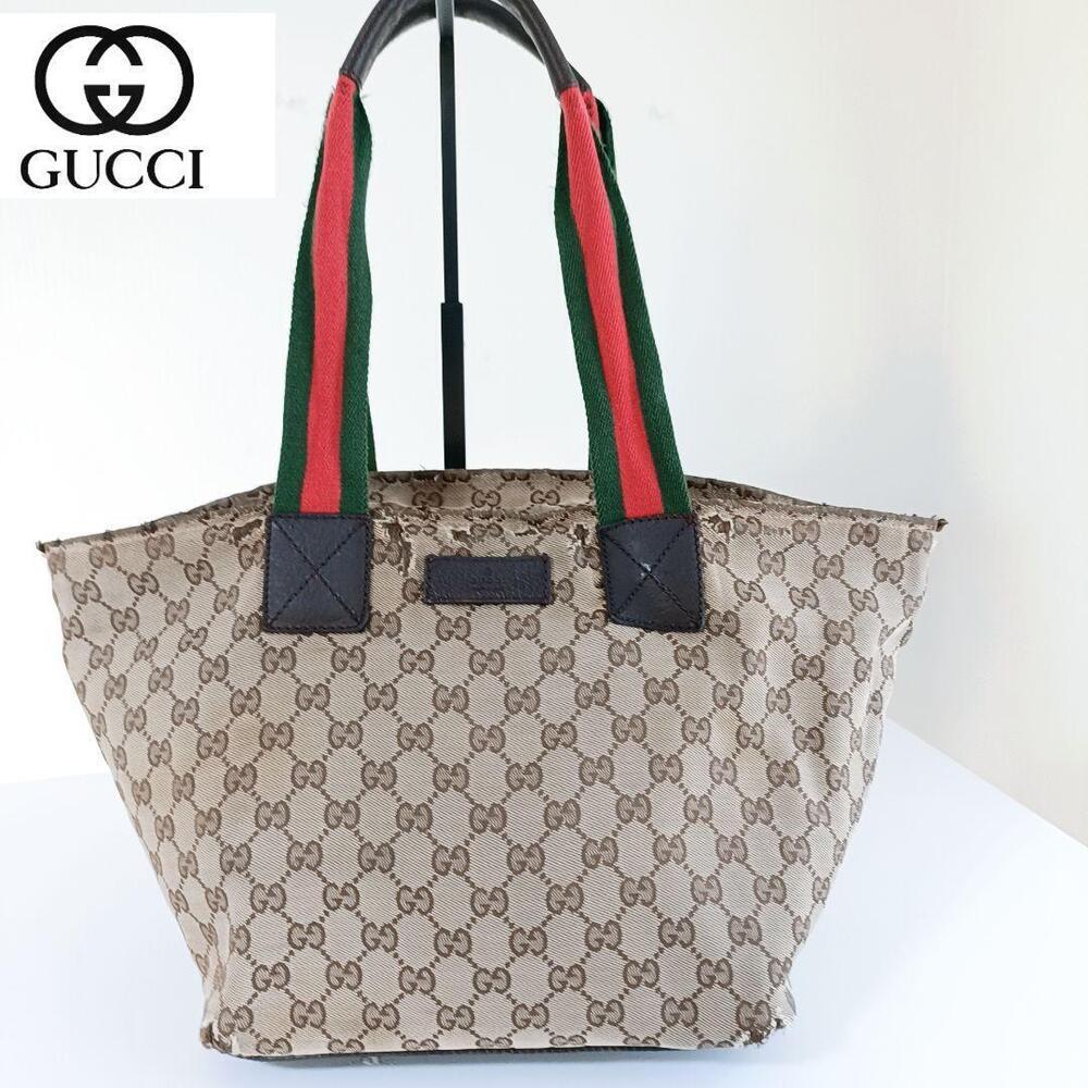 GUCCI GG Canvas Leather Tote Bag Sherry